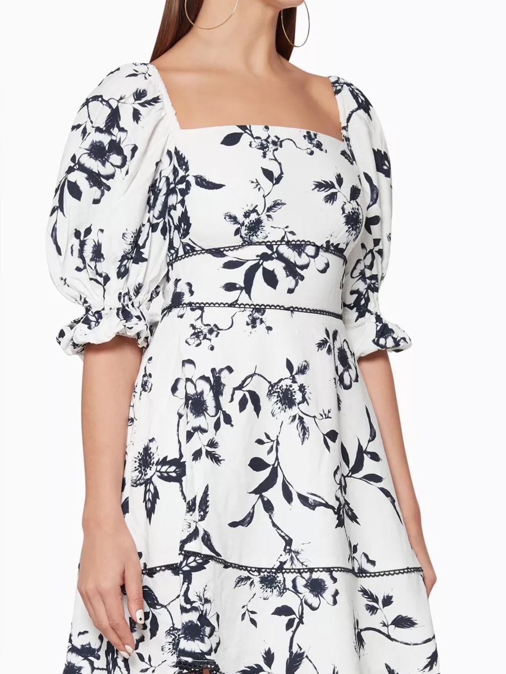 Keepsake navy & White Floral Puff Sleeve Mini Dress Size S